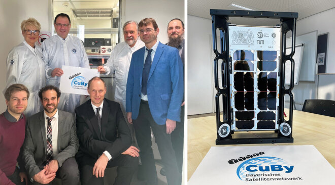 Gruppenbild mit allen Beteiligten sowie dem Engineering Model des Satelliten
